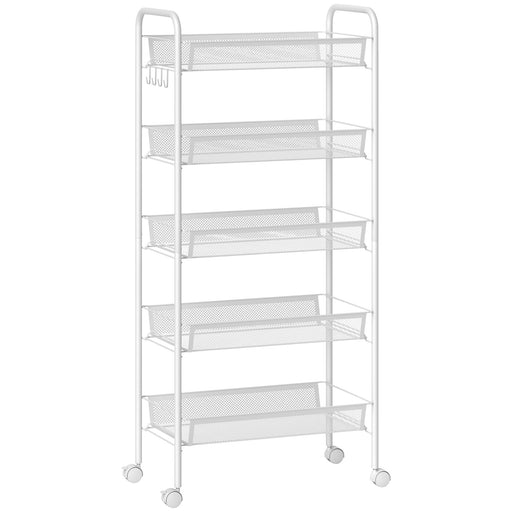 Five Tier Steel Mesh Storage Trolley With Rolling Wheels For Home Organisation, White