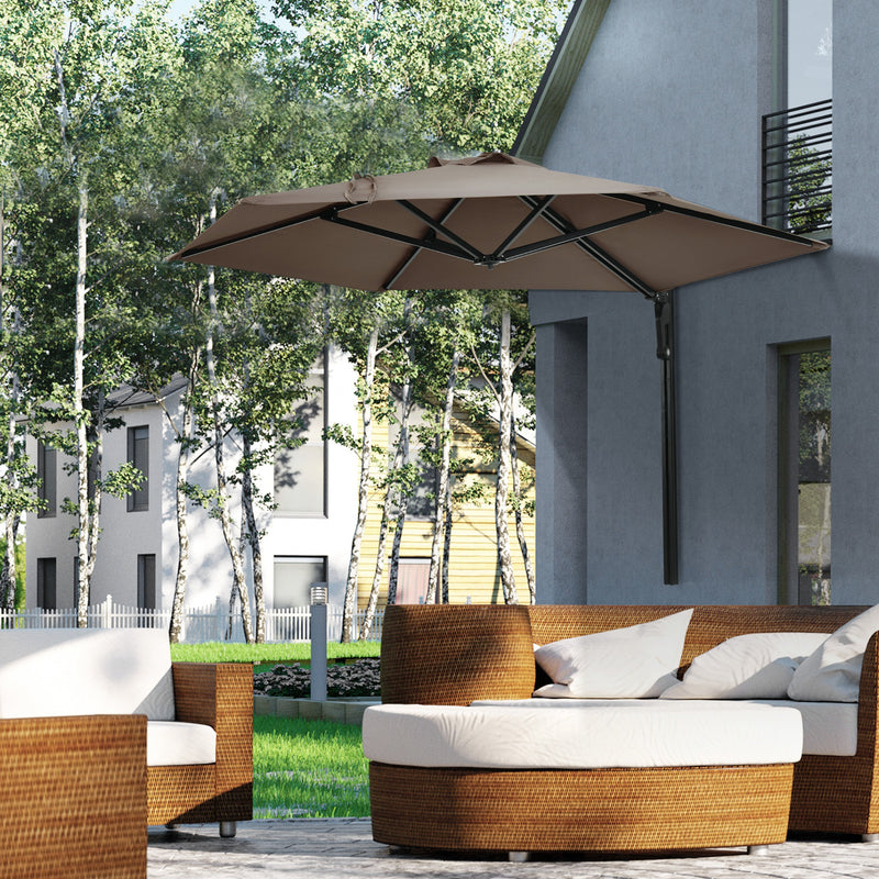 Khaki 25m Wall Mounted Garden Parasol With 180 Degree Rotating Canopy For Patio Use