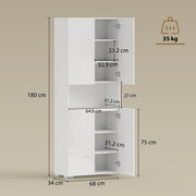Tall Cupboard For Kitchen Storage with Adjustable Shelves and Soft Close Doors Modern White High Gloss 68x34x180cm Homcom