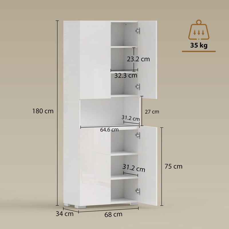 Tall Cupboard For Kitchen Storage with Adjustable Shelves and Soft Close Doors Modern White High Gloss 68x34x180cm Homcom