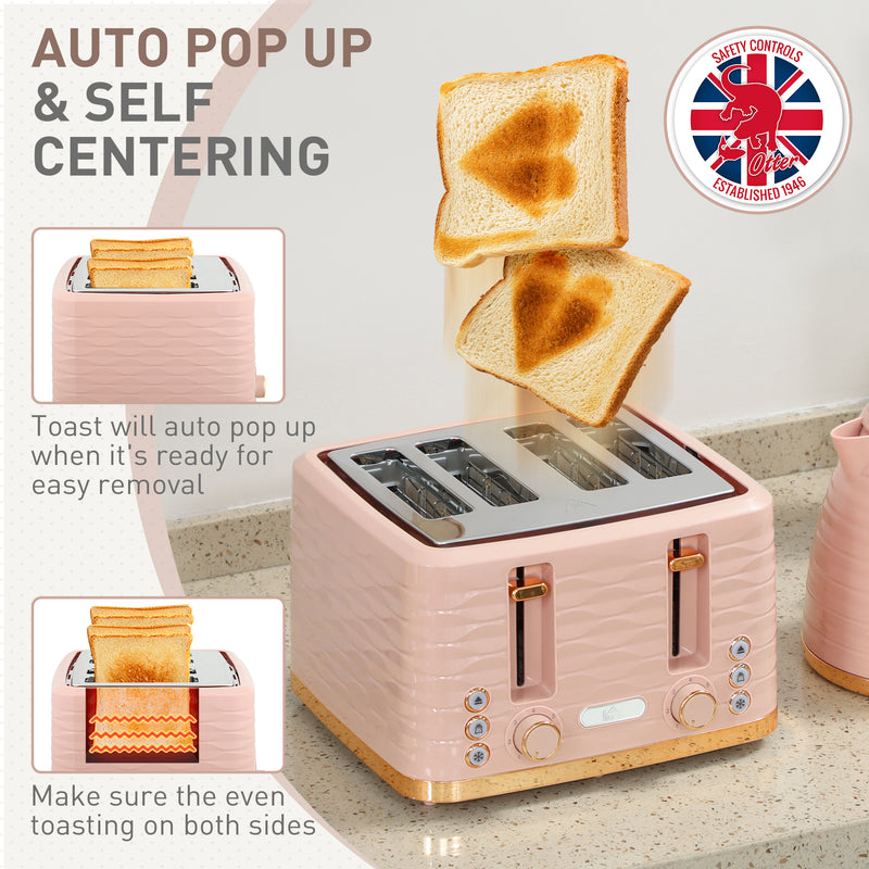 3000W Kettle and 4 Slice Toaster Set with 7 Browning Levels and Crumb Tray, Light Pink
