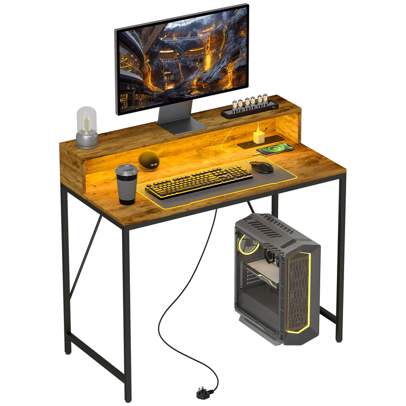 100cm Gaming Desk with LED Lights and Power Outlets Rustic Brown by HOMCOM