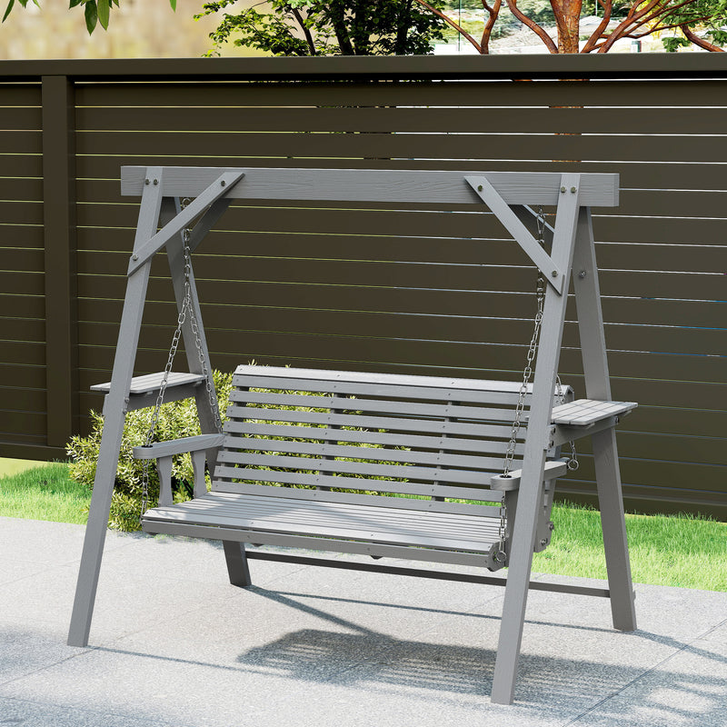 Wooden Garden Swing Bench with Side Tables for Relaxing Outdoors Seats 3 Fir Wood, Dark Grey Outsunny