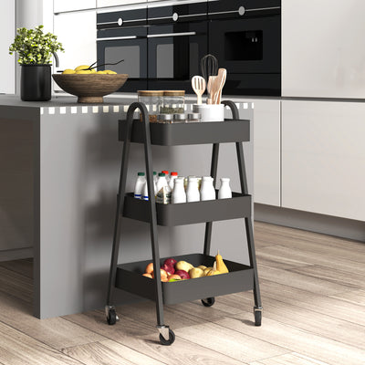 Black 3 Tier Storage Trolley with Wheels for Home and Office by HOMCOM