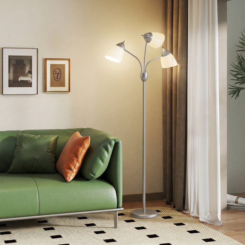 Floor Lamp with Three Adjustable Heads for Flexible Living Room or Office Lighting Silver Tone