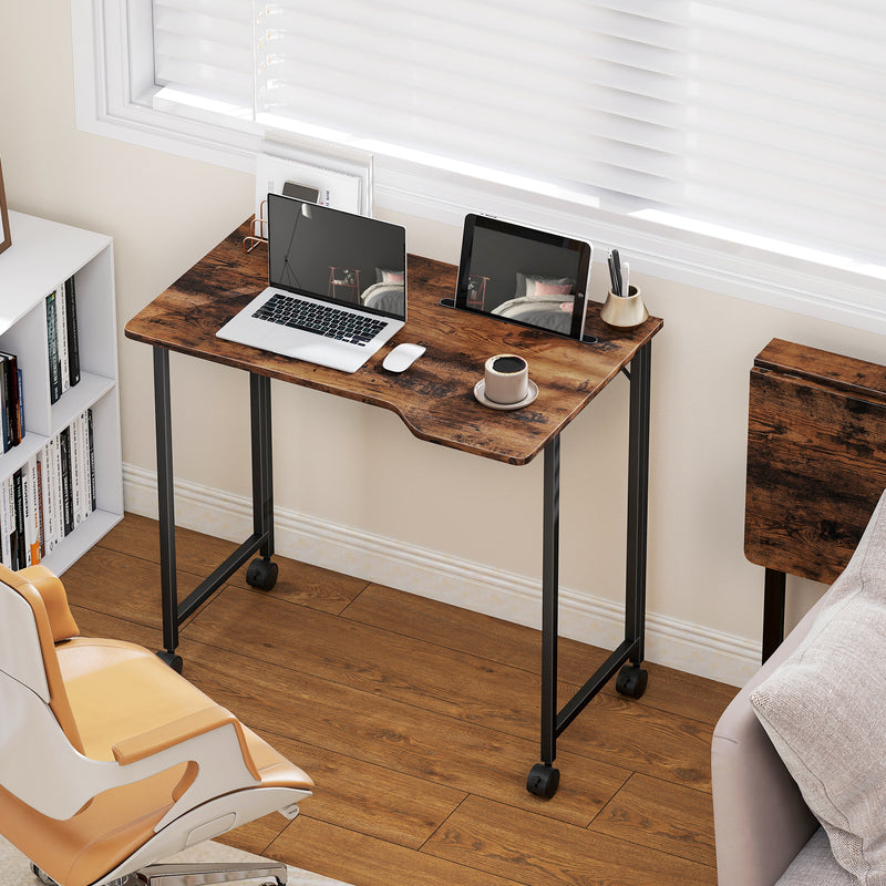Compact Folding Desk on Wheels with Storage Shelf for Home Office Use Rustic Brown AOSOM