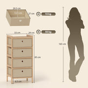 Slim Chest of Drawers for Organised Bedroom Storage with Bamboo Frame and Four Fabric Drawers Cream White AOSOM