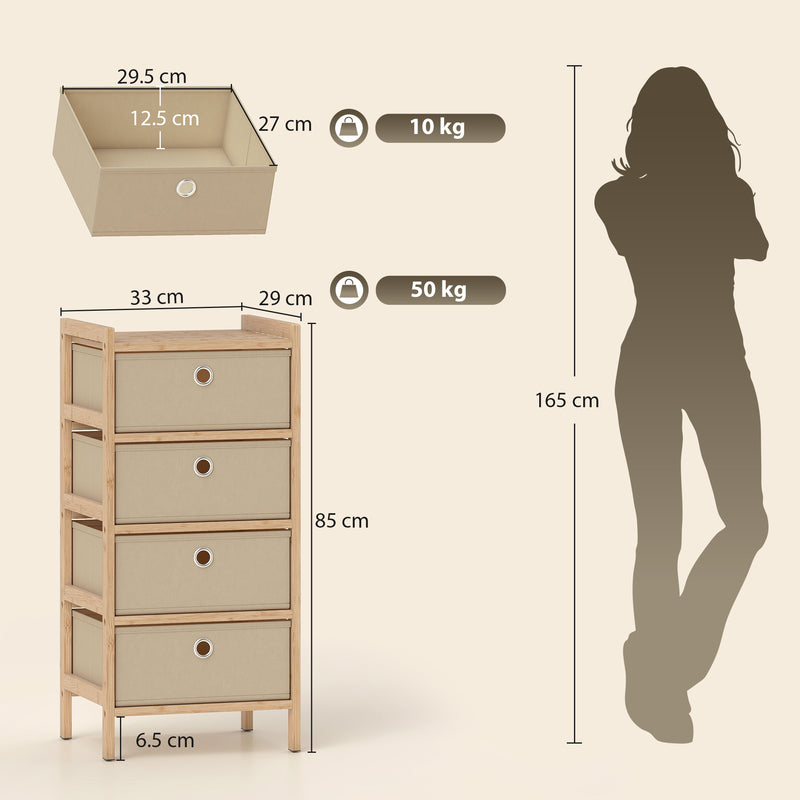 Slim Chest of Drawers for Organised Bedroom Storage with Bamboo Frame and Four Fabric Drawers Cream White AOSOM