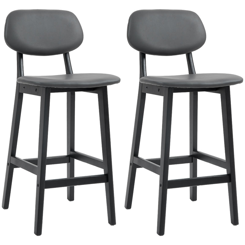 Set of 2 Faux Leather Bar Stools with Backs Solid Wood Legs for Kitchen Dark Grey