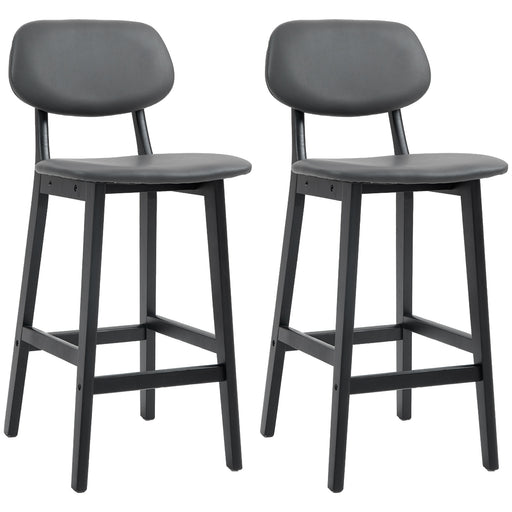 Set of 2 Faux Leather Bar Stools with Backs Solid Wood Legs for Kitchen Dark Grey