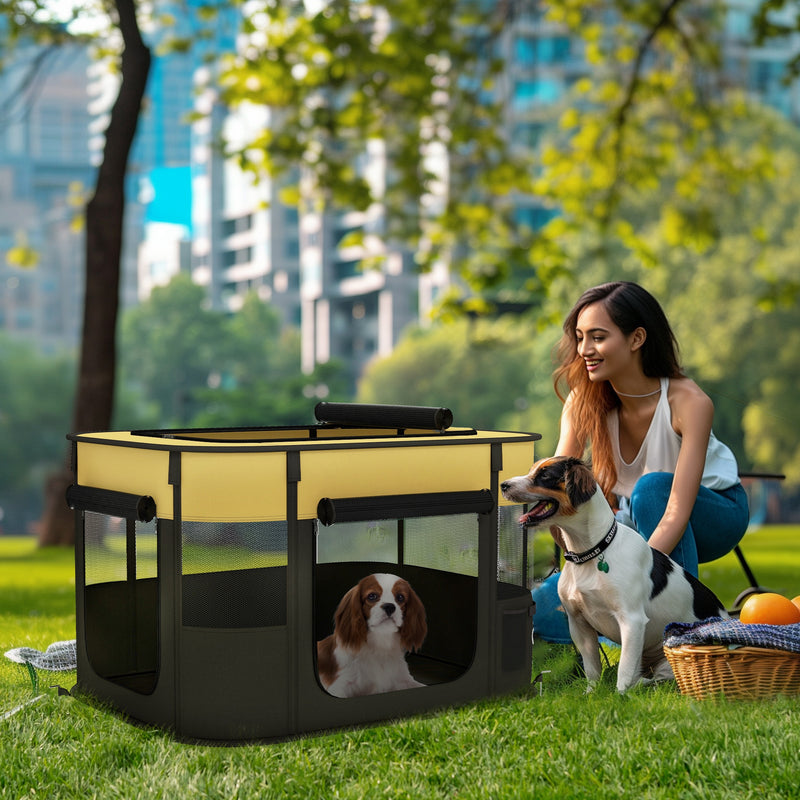 Foldable Dog Playpen with Storage Bag and Ground Stakes for Indoor and Outdoor Use, Yellow