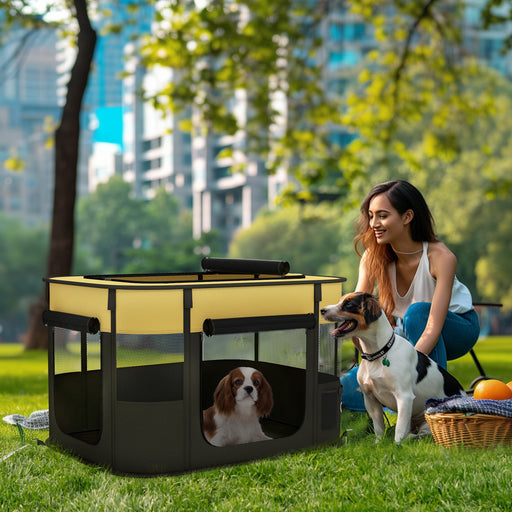 Foldable Dog Playpen with Storage Bag and Ground Stakes for Indoor and Outdoor Use, Yellow