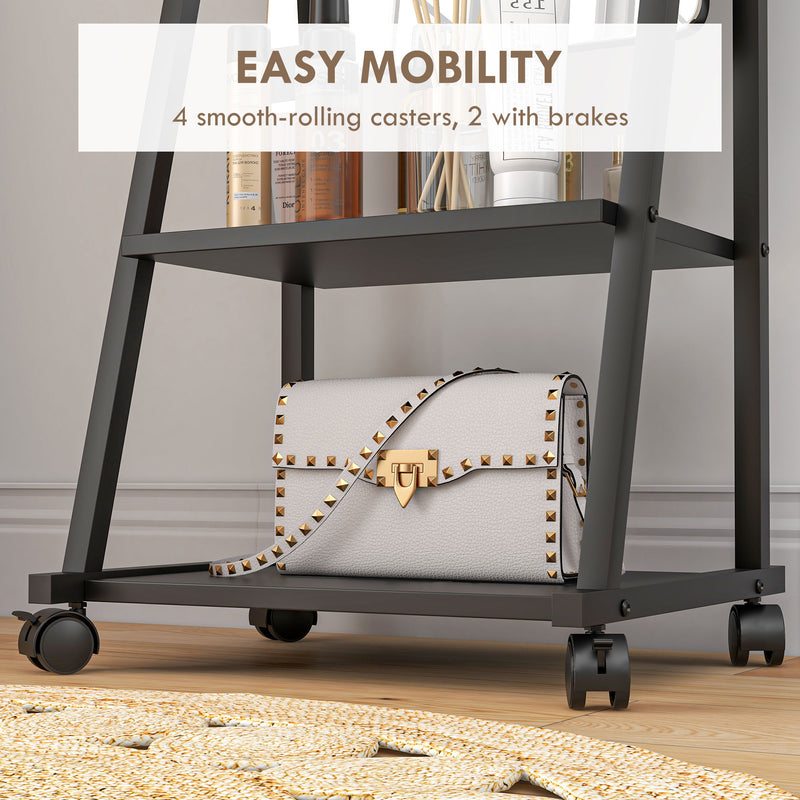 Full Length Dressing Mirror on Wheels with Adjustable Angle and Storage Shelves, White