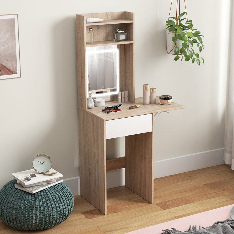 Dressing Table with Adjustable LED Mirror and Storage for Small Bedrooms Natural Wood AOSOM