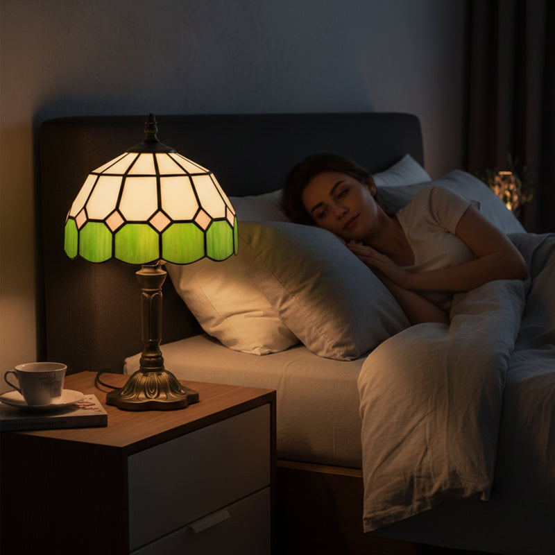 Stained Glass Table Lamp Tiffany Style - Handmade Glass Table Lamp with Art Deco Design for Living Room White & Green