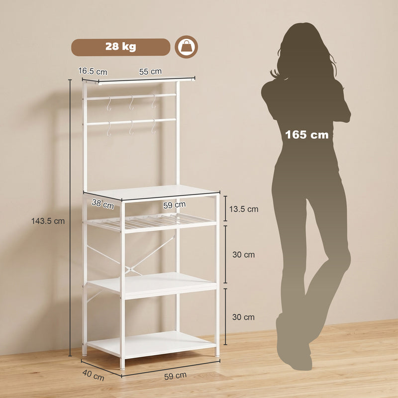 Kitchen Storage Shelf with Wine Rack and Hooks for Small Spaces White