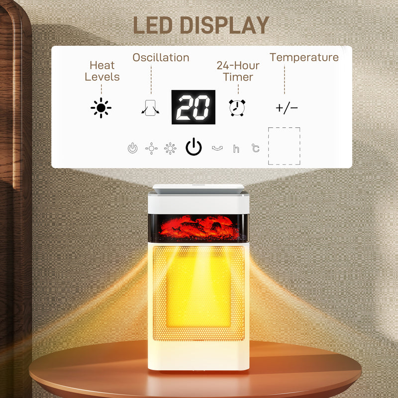 1500W Ceramic Electric Fan Heater With Oscillation and Flame Effect For Bedrooms White