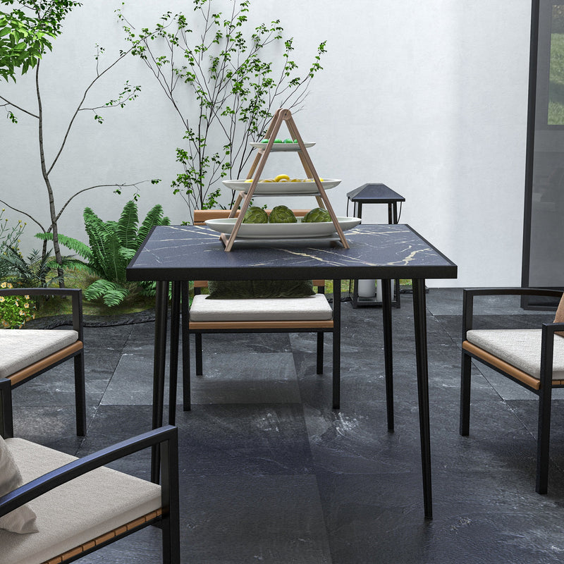 Black Square Garden Table for 4 with Marble Effect Glass Top and Steel Frame for Patio