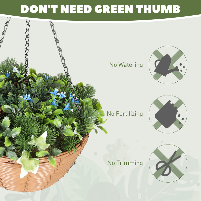 Set of 2 Artificial Hanging Flower Baskets with Pinecones for Home or Office Decor, Green