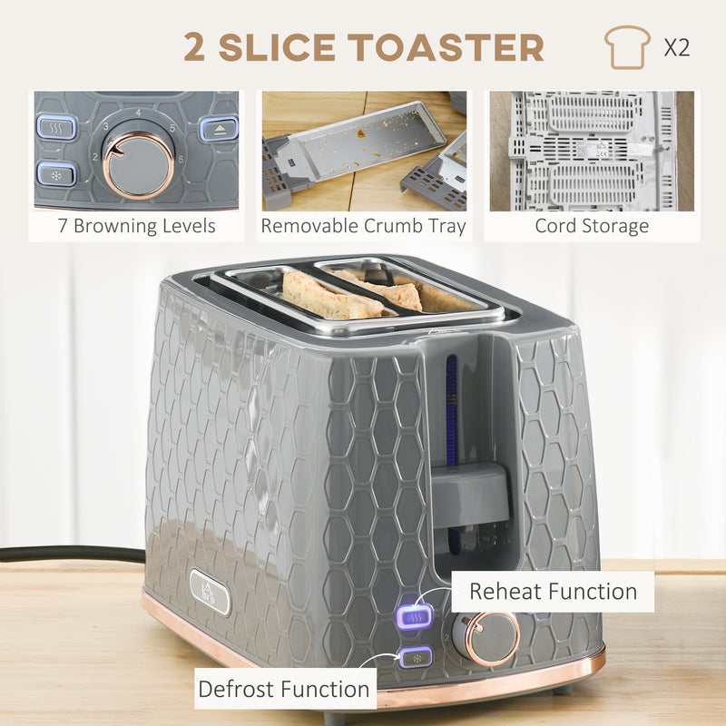 Fast Boil Kettle and 2 Slice Toaster Set With Auto Shut Off and Browning Control Grey