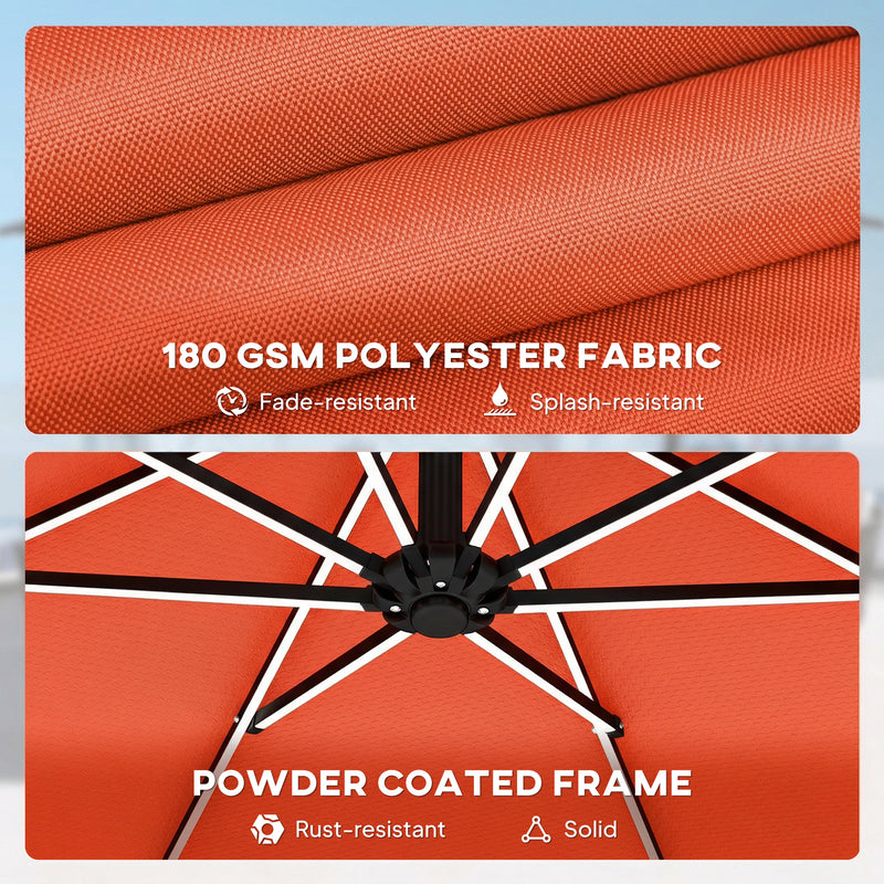 3m Cantilever Parasol Umbrella with Lights and Adjustable Shade For Patio or Garden, Orange