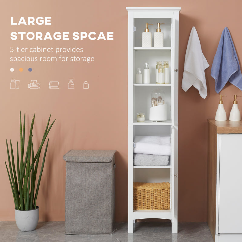 Tall Slim Bathroom Storage Cabinet With Adjustable Shelves And Double Doors, White