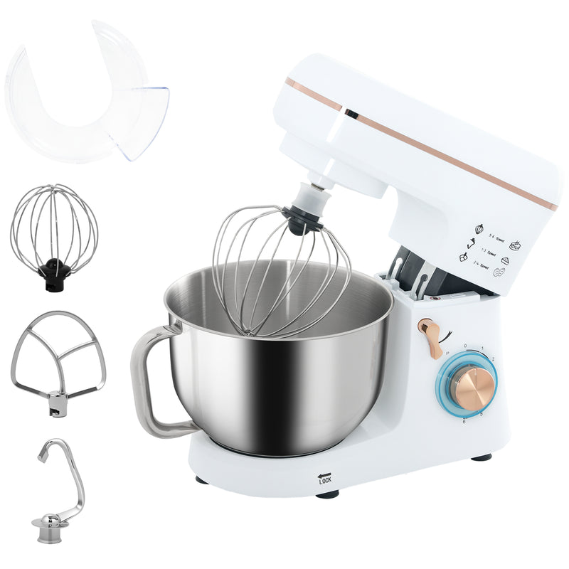 White 1400W Stand Mixer 5L with 6 Speeds Dough Hook Whisk and Splash Guard by HOMCOM