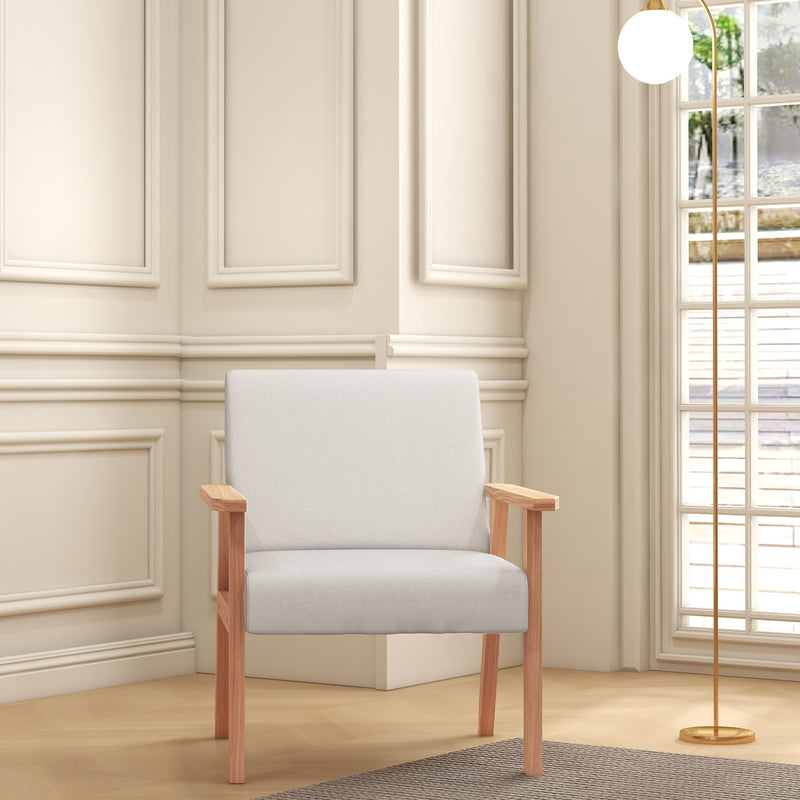Accent Armchair with Wide Wooden Frame and Thick Linen Seat for Home or Office Cream White