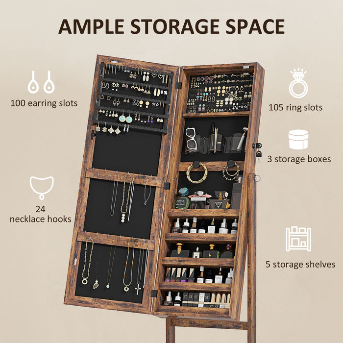 Lockable Jewellery Cabinet with LED Light and Full Length Mirror Rustic Brown by HOMCOM