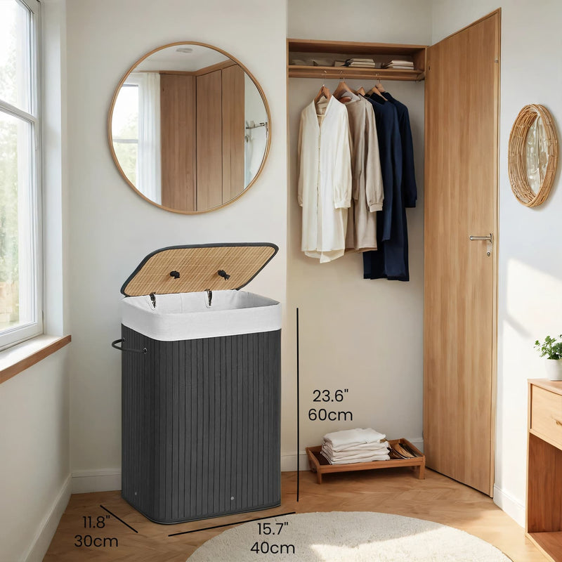 Foldable Bamboo Laundry Hamper with Lid 72L Storage Basket with Three Handles by Songmics