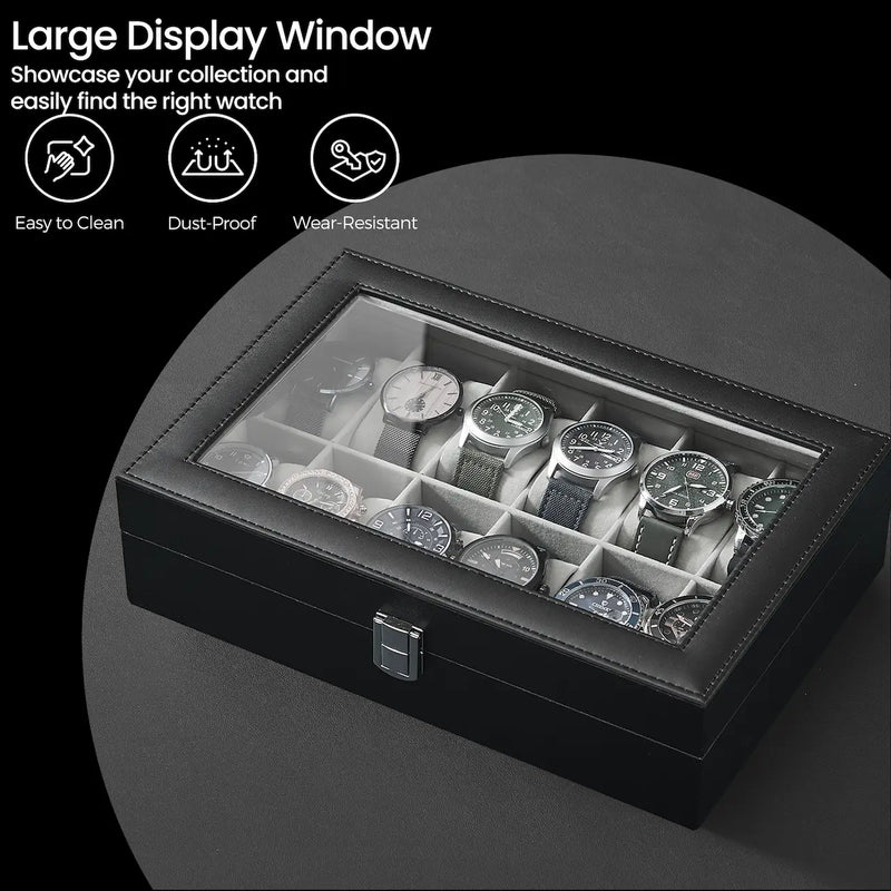 12 Slot Watch Box Organiser with Glass Lid and Removable Cushions for Display by Songmics