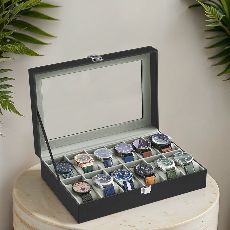 12 Slot Watch Box Organiser with Glass Lid and Removable Cushions for Display by Songmics