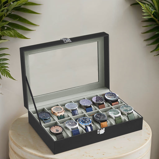 12 Slot Watch Box Organiser with Glass Lid and Removable Cushions for Display by Songmics