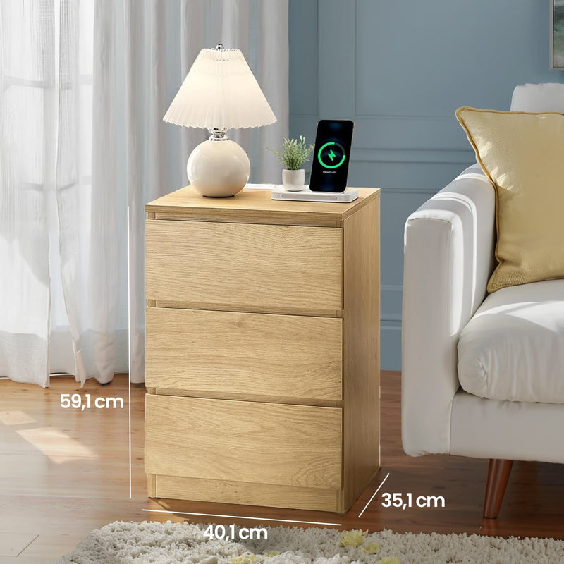 Bedside Table with Charging Station and 3 Drawers for Bedroom or Lounge by Vasagle