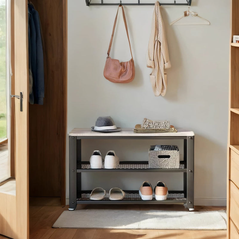 Wooden Shoe Bench with 2 Tier Shelves for Hallway Storage and Seating by Vasagle