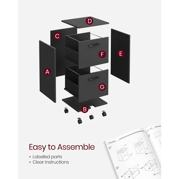 Image of a Vasagle Matte Black 2 Drawer Filing Cabinet With Wheels.