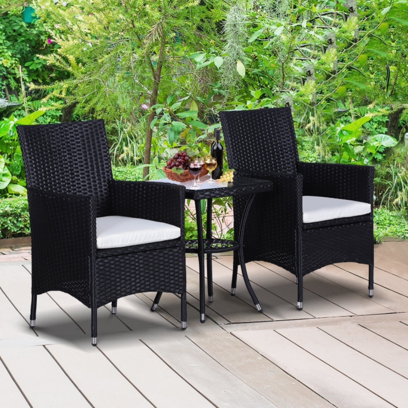 Outsunny 2 seater black rattan bistro set with 2 armchairs, a table, and seat cushions - Perfect for creating a cosy spot to relax with your bestie. 