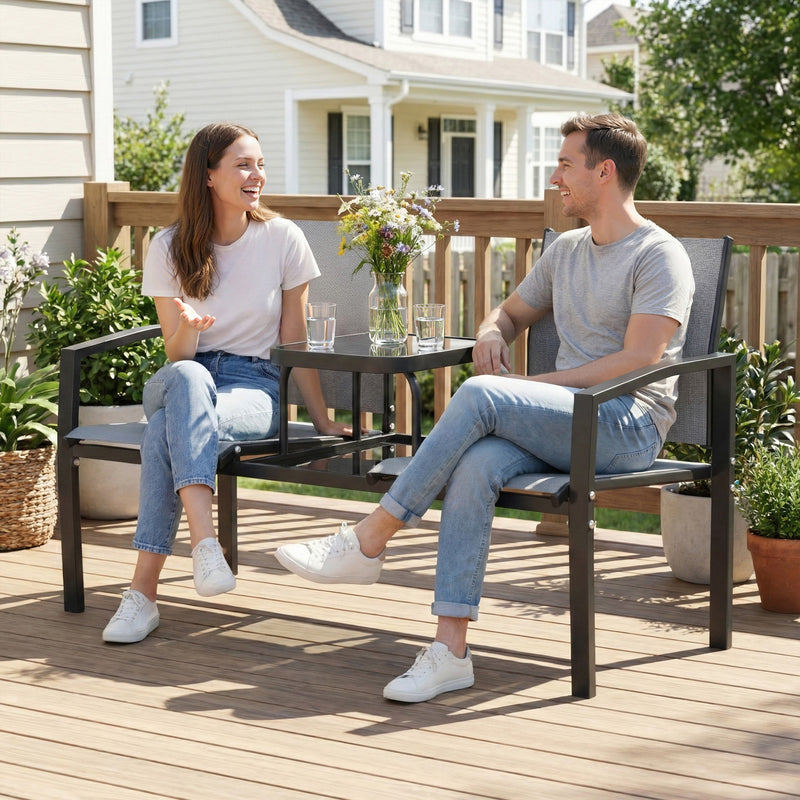 2 Seater Garden Bench With Built in Table and Breathable Mesh Seats Grey Black