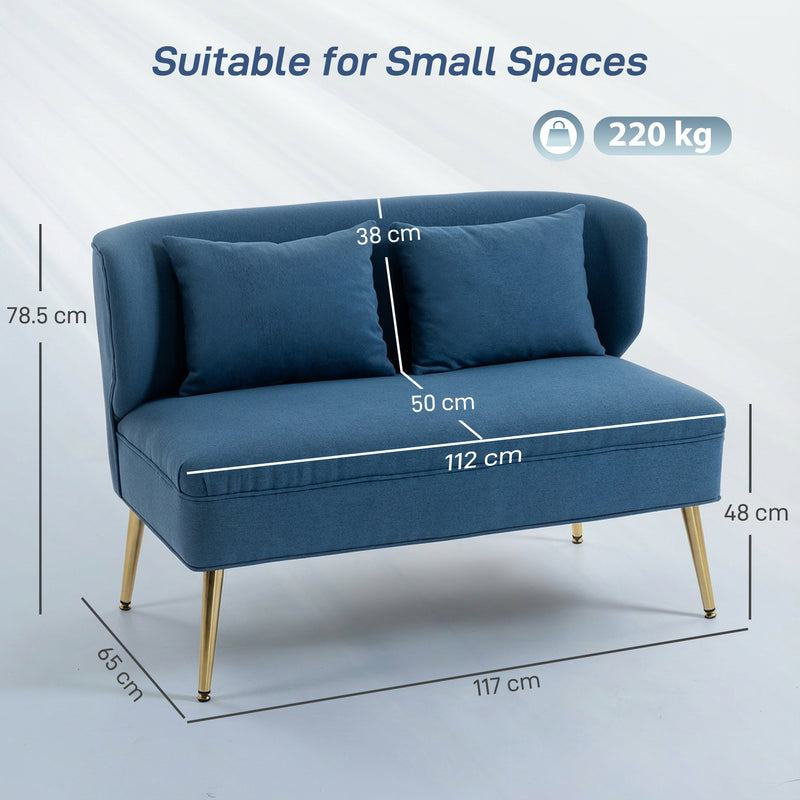 Blue sofa with dimensions and weight capacity on a light gray background