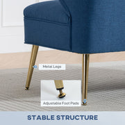 Blue chair with gold metal legs on a carpeted floor
