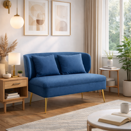 Blue 2 seater sofa in a modern living room with decor elements. The sofa has gold legs and 2 cushions.