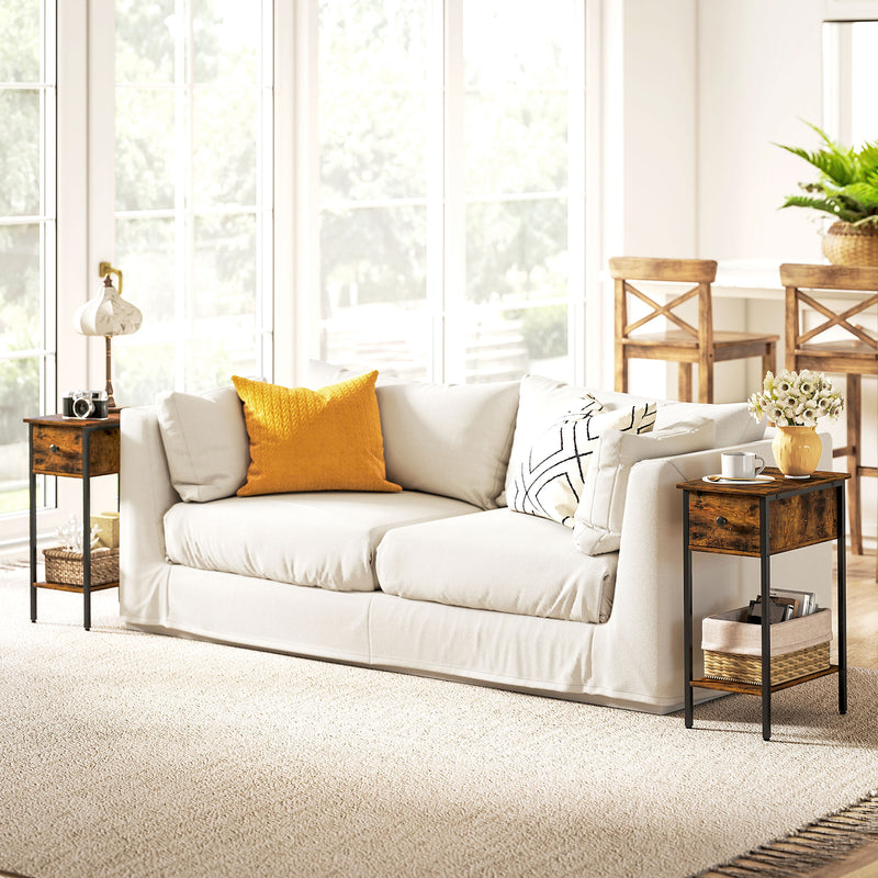 Slim Side Table with Drawer and Storage Shelf Ideal for Small Spaces, Rustic Brown