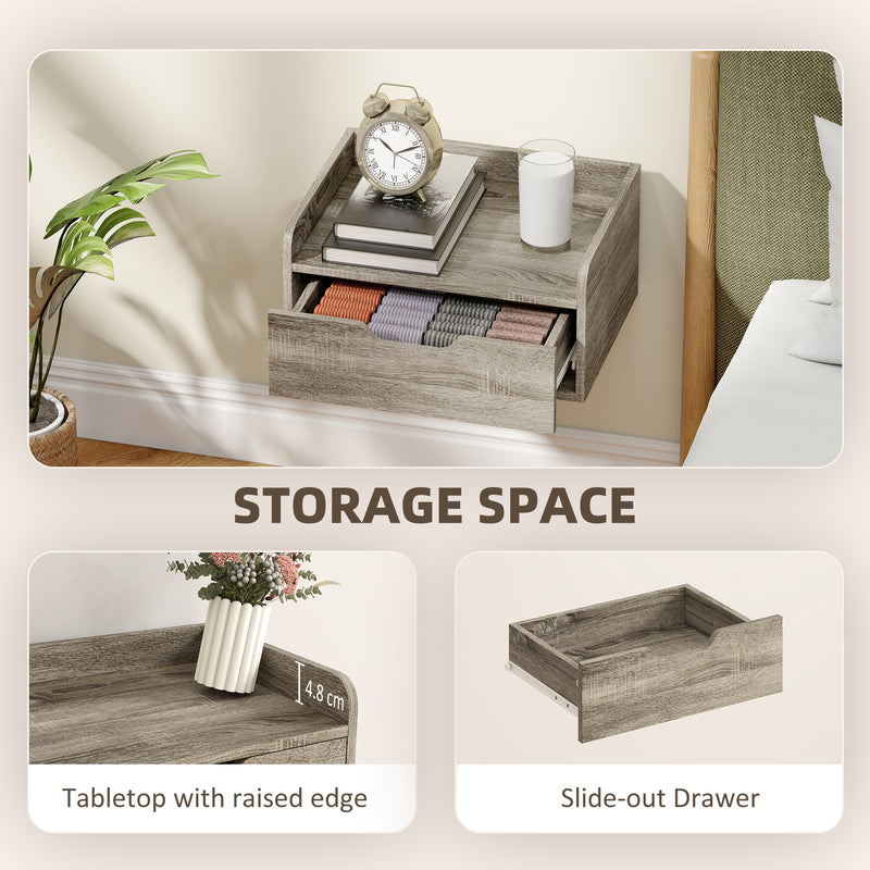 Floating Bedside Tables Set of 2 with Drawer and Shelf for Space Saving Bedroom Storage Grey AOSOM