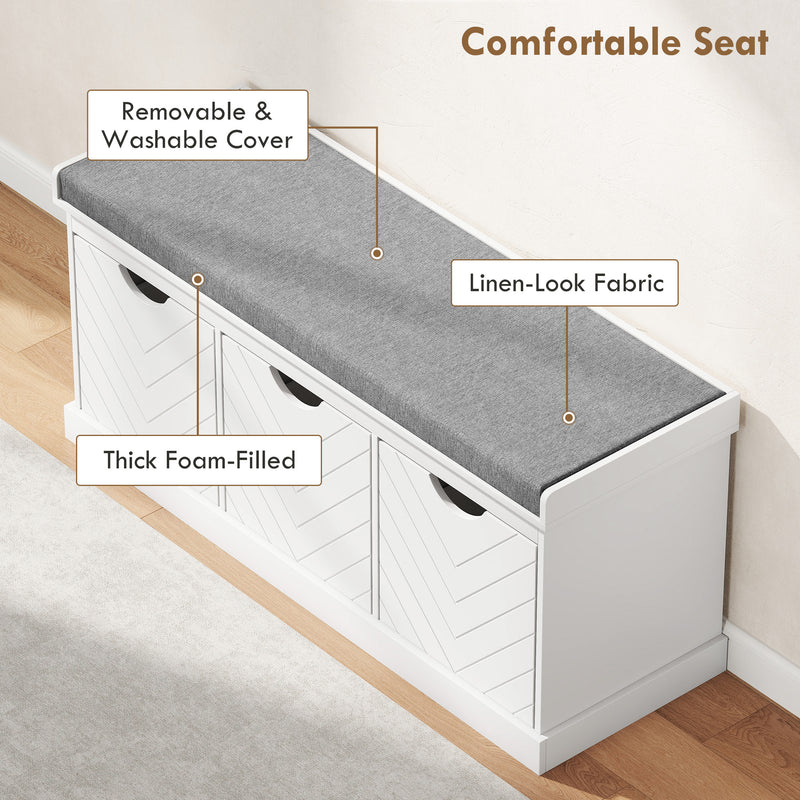 Shoe Storage Bench with Padded Seat and Three Drawers for Hallway Entryway White