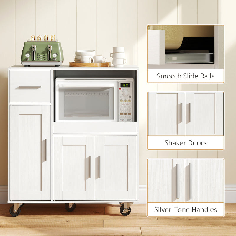 Kitchen Storage Trolley with Sliding Microwave Shelf and Lockable Wheels White Homcom
