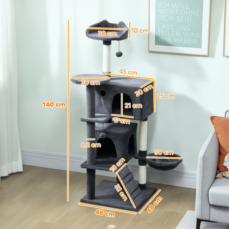Large 140cm Cat Tree Tower with Hammock and Scratching Posts for Indoor Cats Dark Grey AOSOM