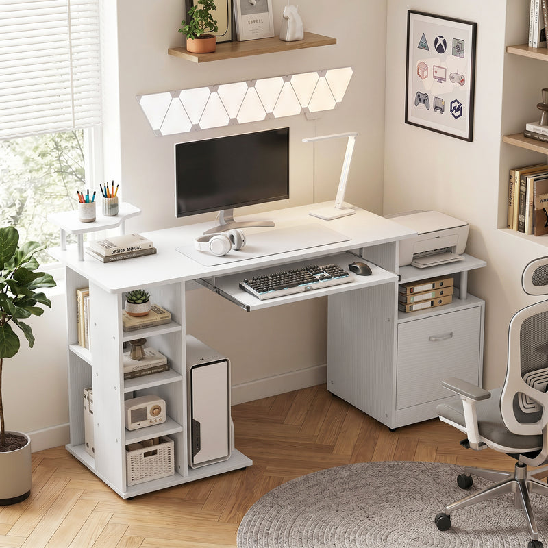 Computer Desk with Shelves and Drawer for Organised Home Workspace White Wood Effect