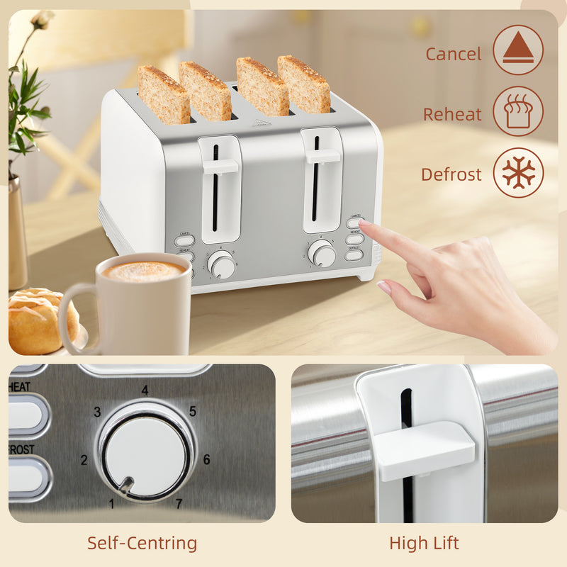 Stainless Steel Kettle and 4 Slice Toaster Set with Rapid Boil and Browning Control, White and Silver