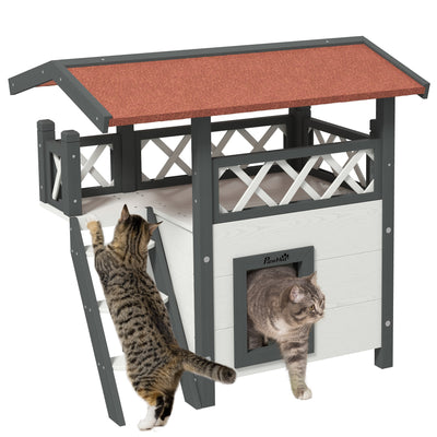 Wooden Outdoor Cat House with Balcony and Stairs Ideal for Garden Use, White