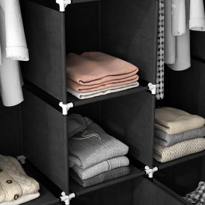 Fabric Wardrobe with Hanging Rails and Shelves for Compact Bedroom Storage Black